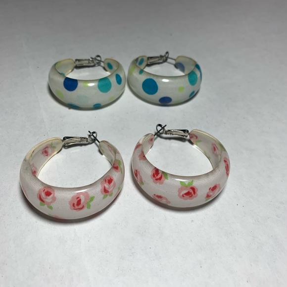 Jewelry - Blue Polka Dot & Pink Floral Hoop Earrings
